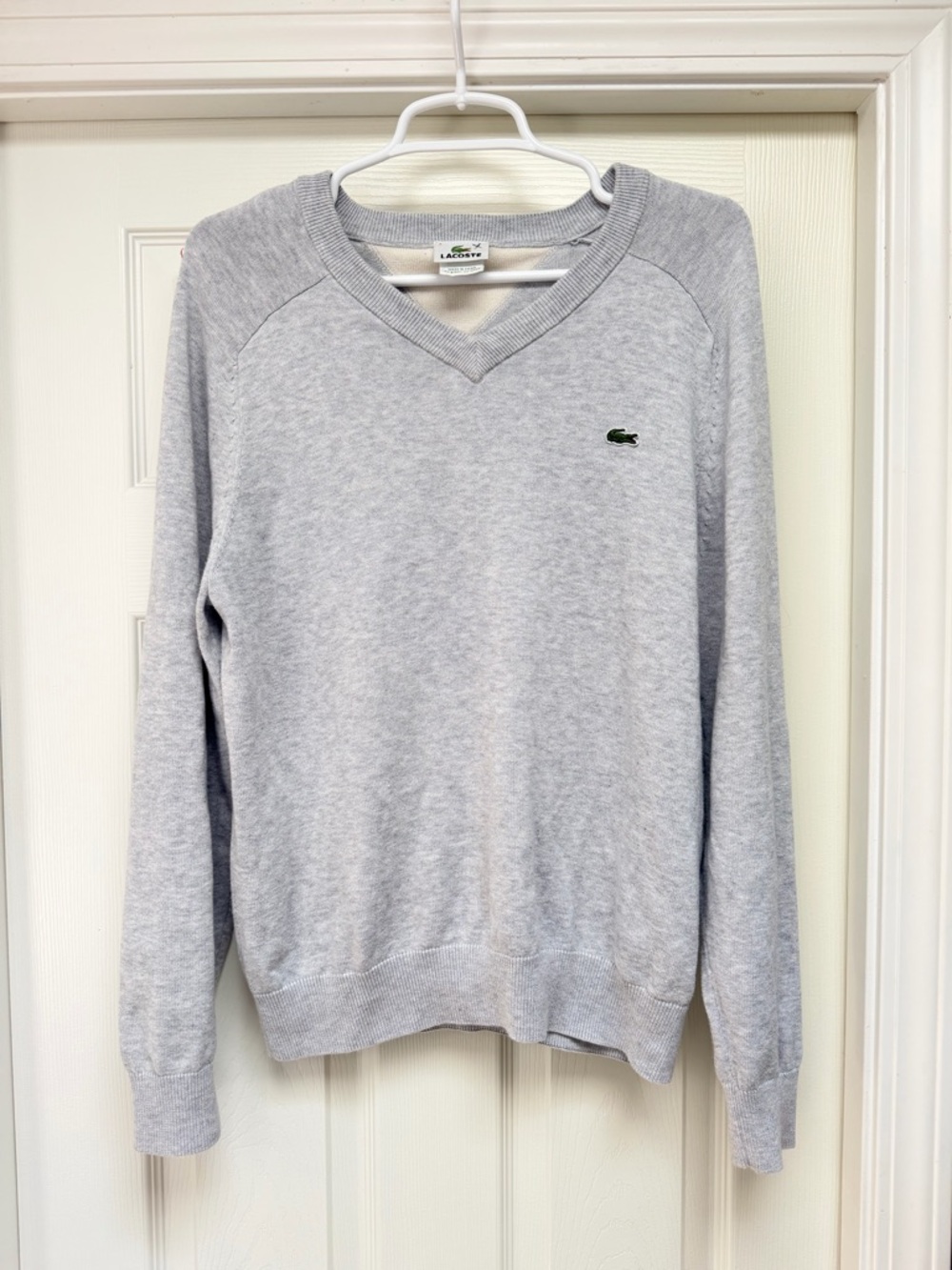 Lacoste Men's Heather Gray V-Neck Sweater with Green Crocodile Logo